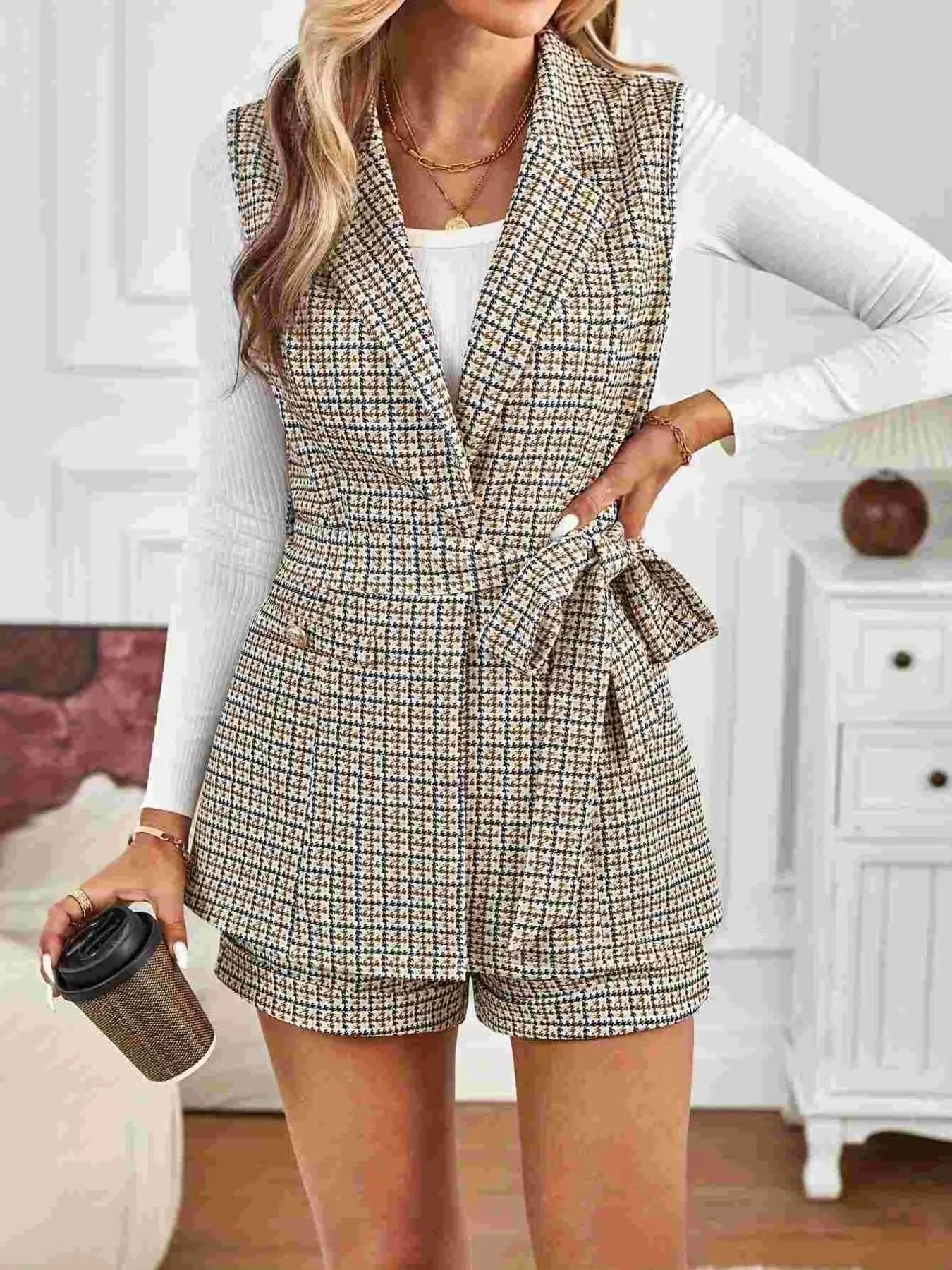 Houndstooth Lapel Collar Vest Coat and Shorts Set sold by Charming Charlie product image thumbnail 2
