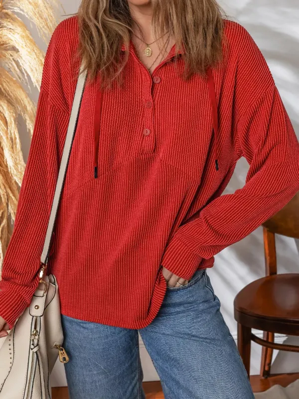 Twist Ribbed Half Button Collared Drawstring Top sold by Charming Charlie