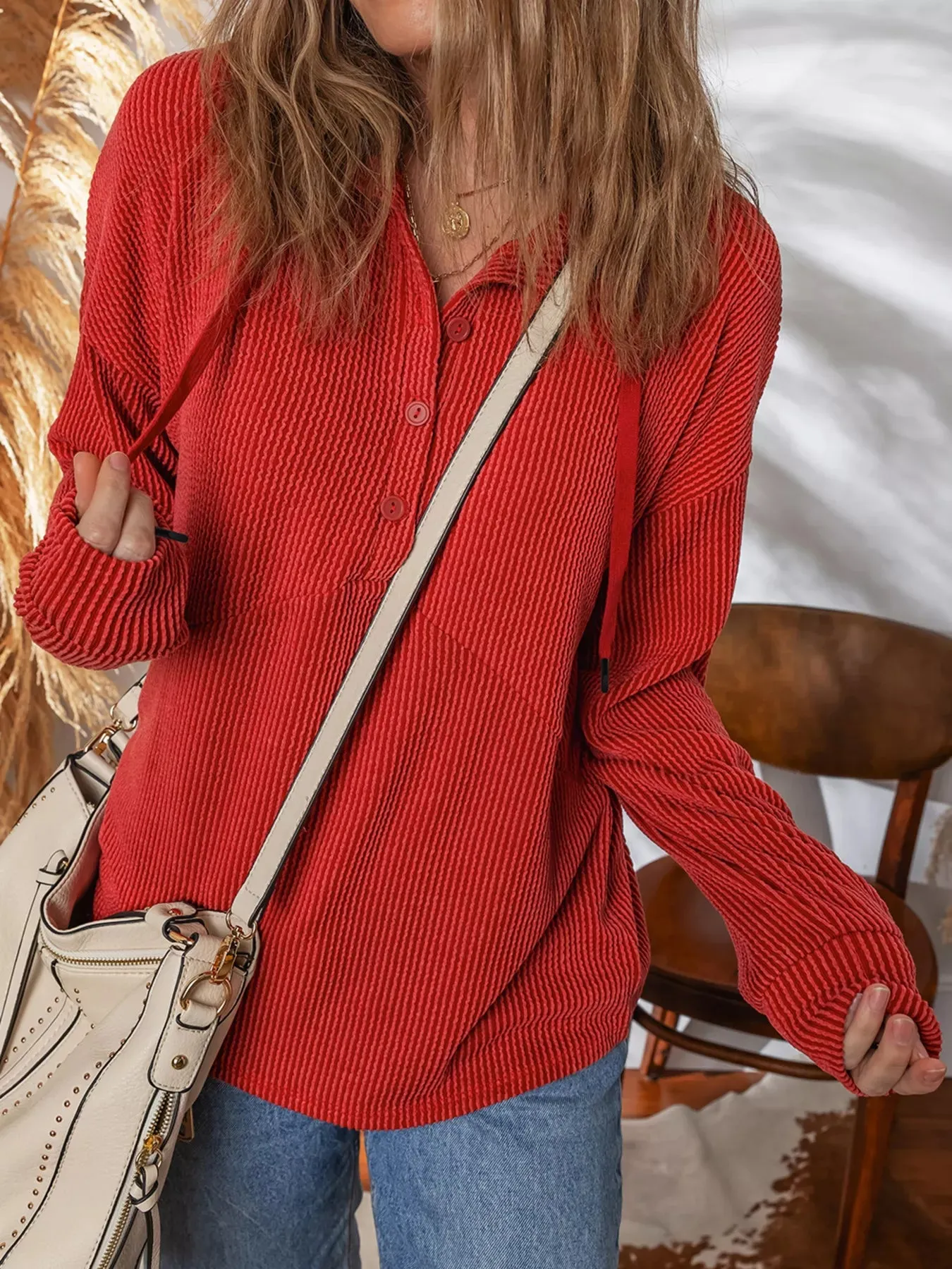 Twist Ribbed Half Button Collared Drawstring Top sold by Charming Charlie product image thumbnail 5