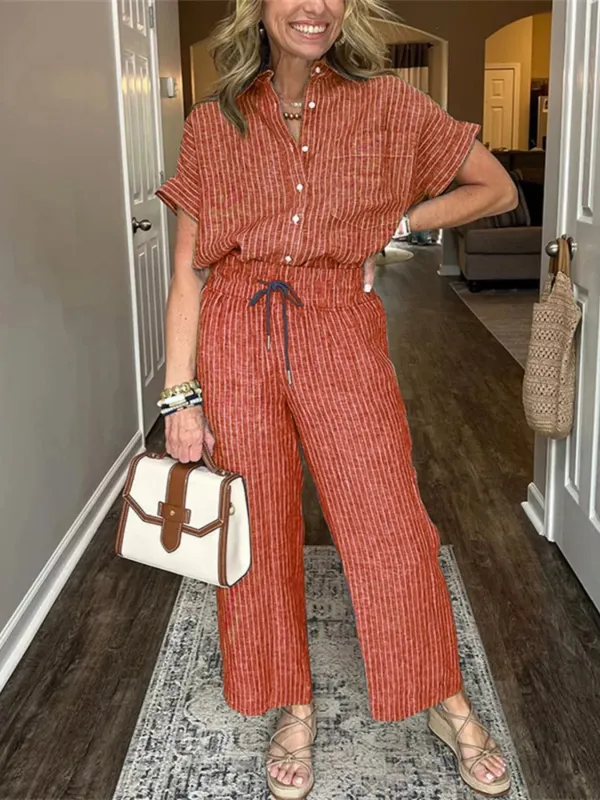 Full Size Striped Button-Up Shirt and Wide Leg Pants Casual Set Plus Size sold by Charming Charlie