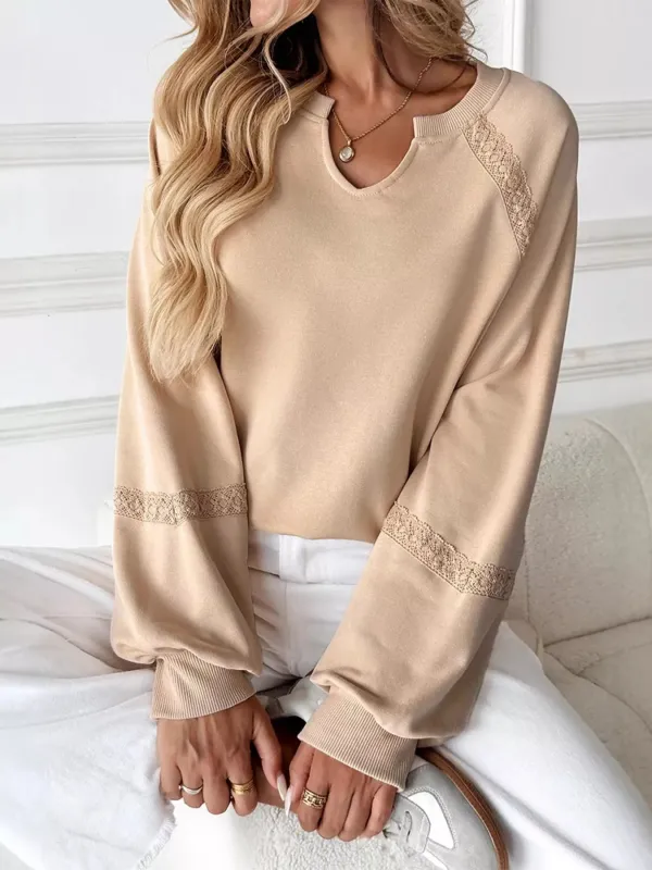 Lace Detail Notched Long Sleeve Sweatshirt sold by Charming Charlie