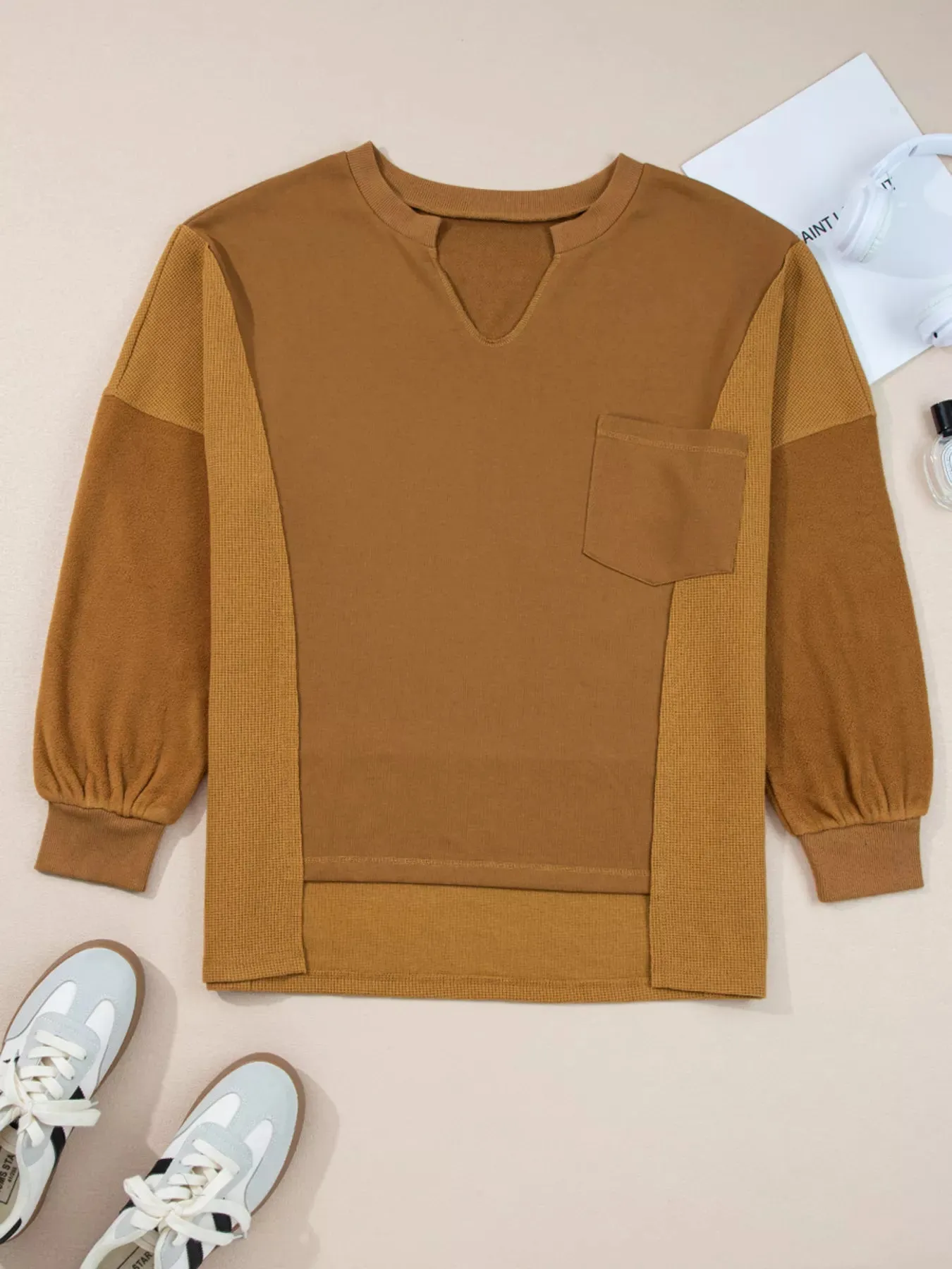 Oversized Textured Split Neck High Low Sweatshirt sold by Charming Charlie product image thumbnail 3