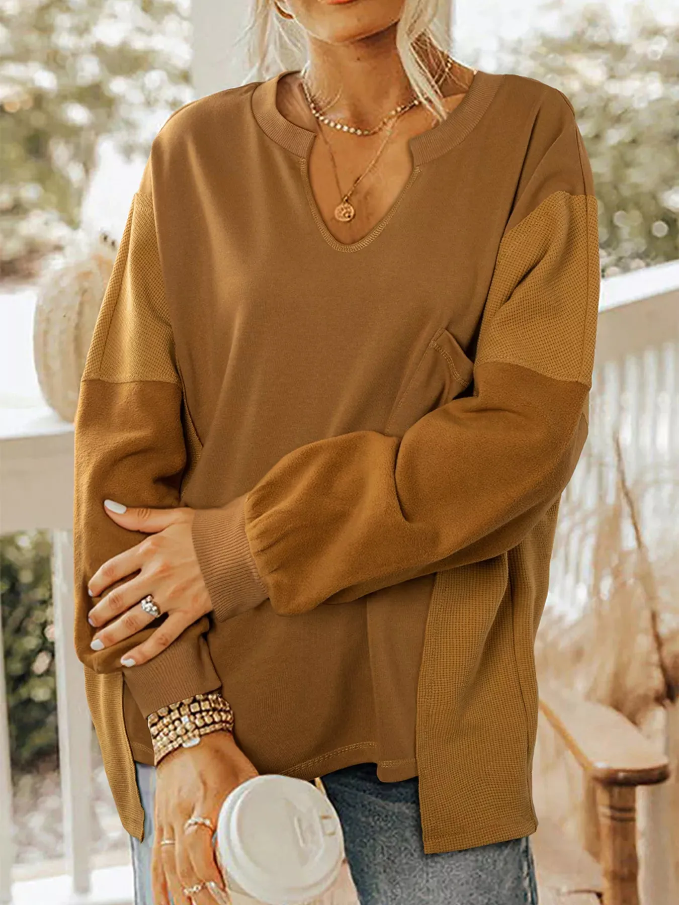 Oversized Textured Split Neck High Low Sweatshirt sold by Charming Charlie