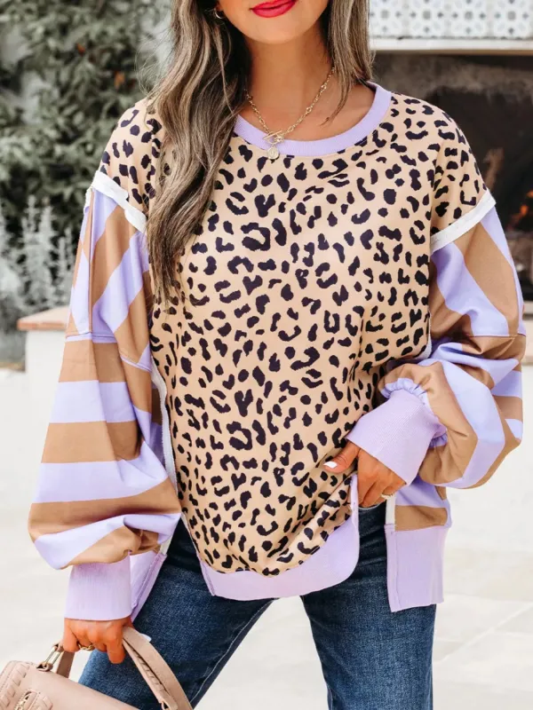 Stripe Color Block Patchwork Leopard Casual Sweatshirt with Slits sold by Charming Charlie