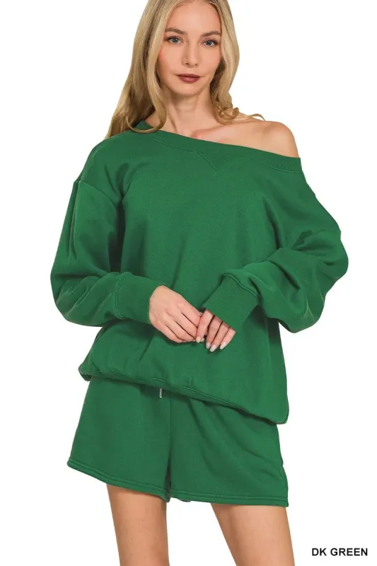 Zenana Fleece Boat Neck Sweatshirt and Shorts Set sold by Charming Charlie