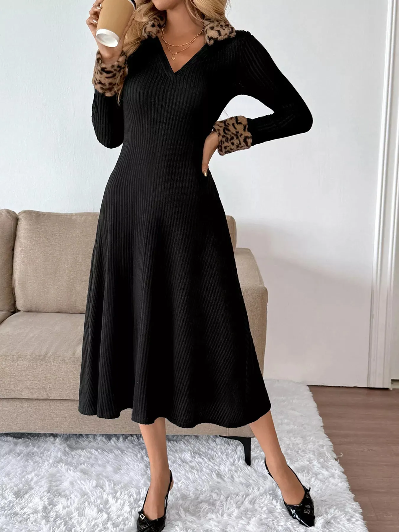 Leopard Cuff Johnny Collar Midi Dress sold by Charming Charlie product image thumbnail 2