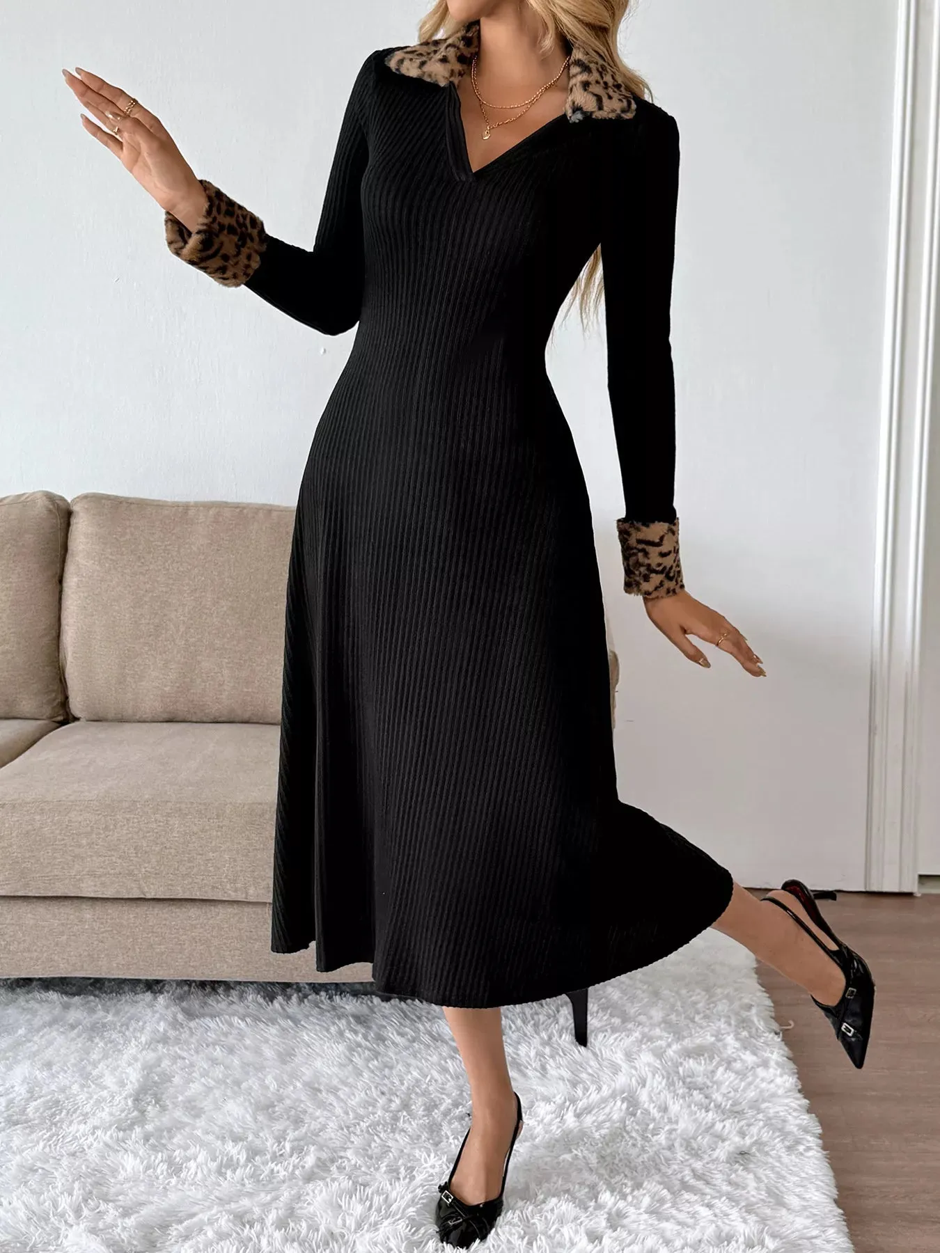 Leopard Cuff Johnny Collar Midi Dress sold by Charming Charlie product image thumbnail 4