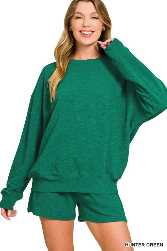 Zenana Slub Long Sleeve Top and Shorts Set sold by Charming Charlie