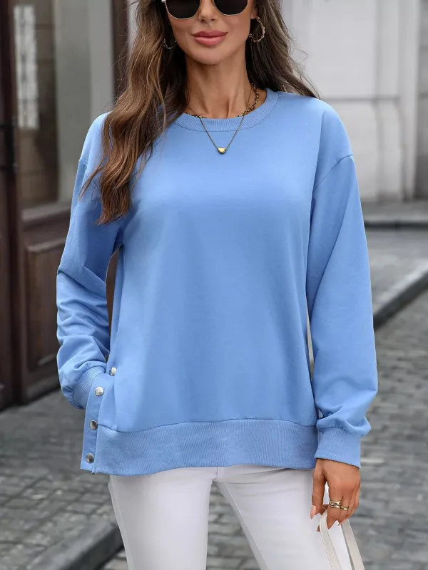 Side Snap Round Neck Sweatshirt sold by Charming Charlie