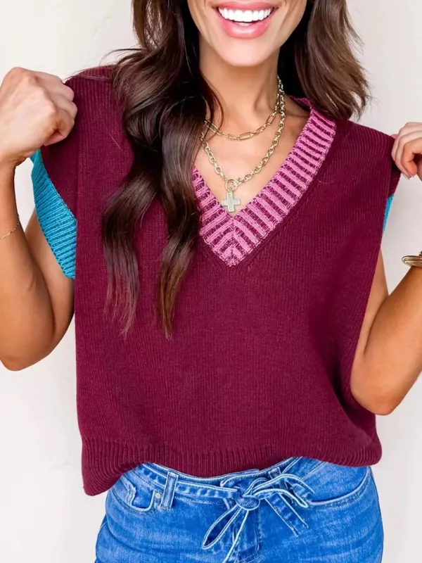 Contrast Trim V-Neck Sweater Vest made by Trendsi