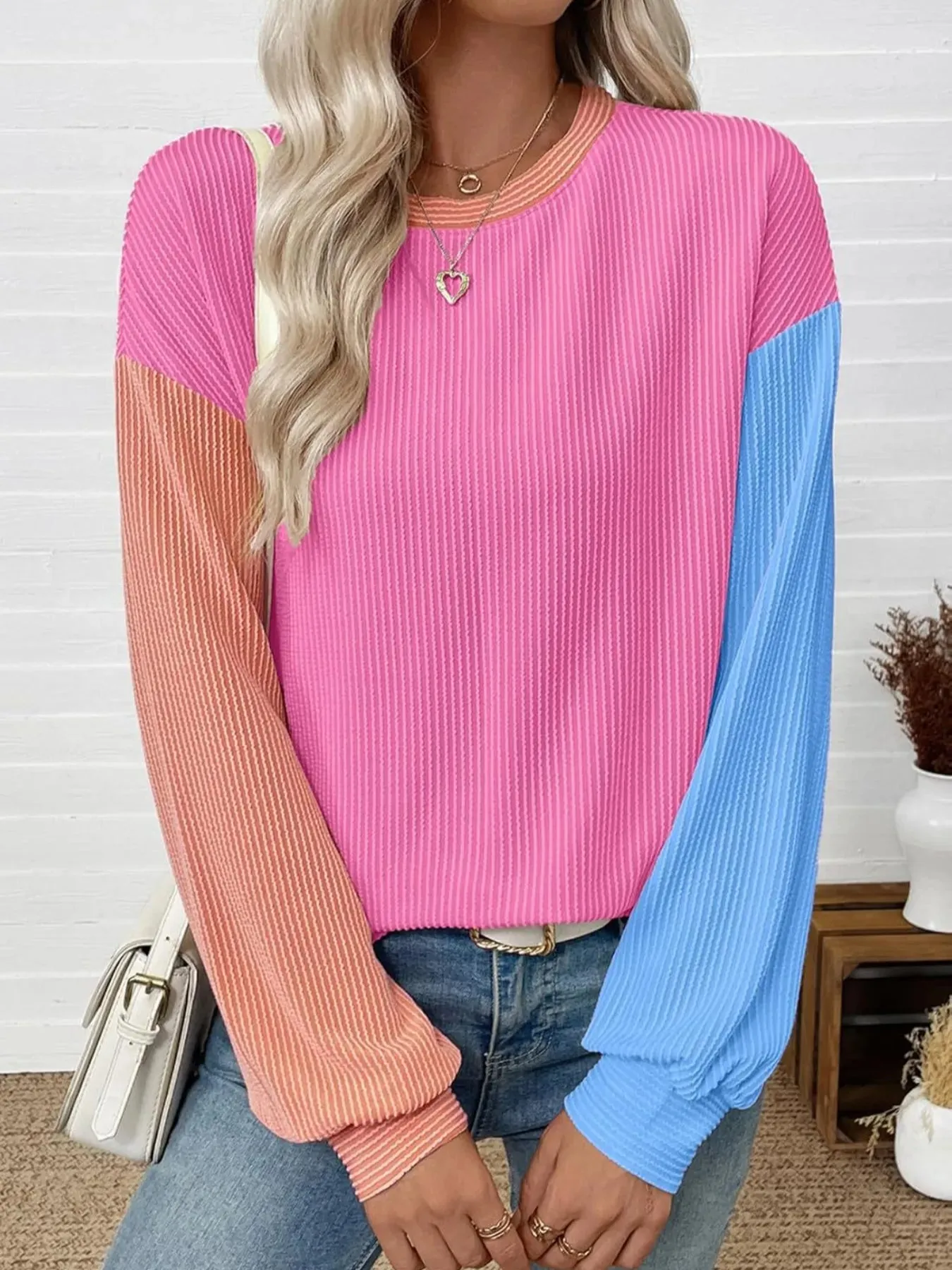Color Block Ribbed Long Sleeve T-Shirt sold by Charming Charlie product image thumbnail 4