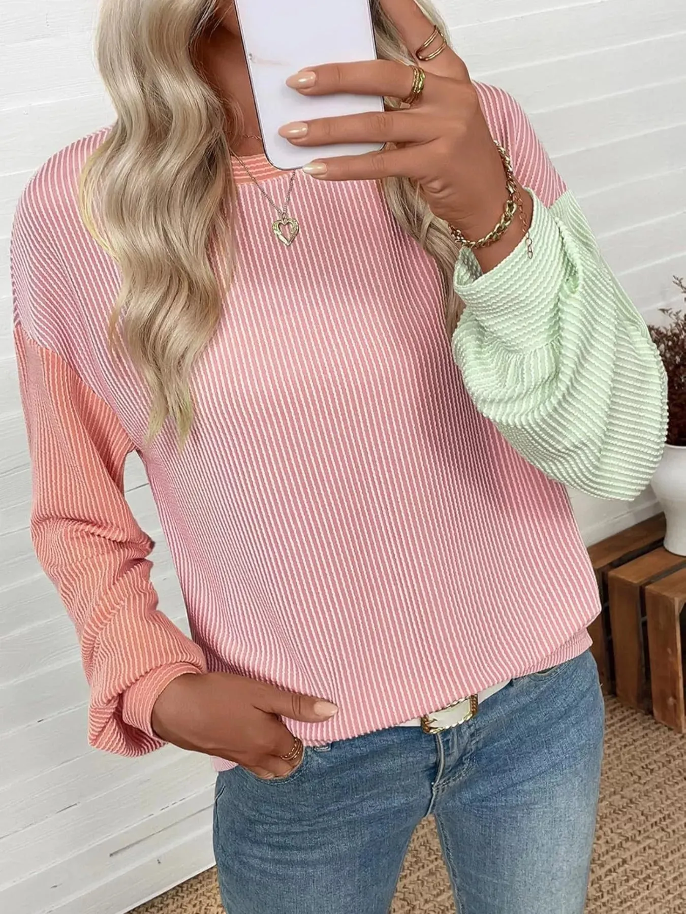 Color Block Ribbed Long Sleeve T-Shirt sold by Charming Charlie product image thumbnail 2