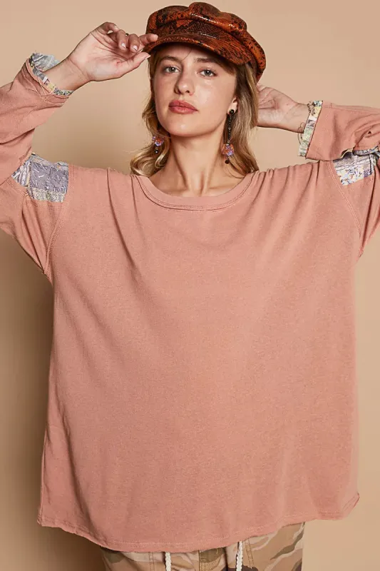 POL Round Neck Long Sleeve Roomy Fit Top with Stitch Detail sold by Charming Charlie