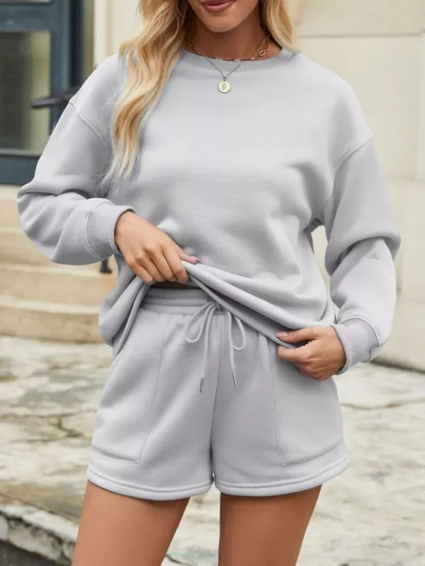 Round Neck Dropped Shoulder Top and Drawstring Shorts Set sold by Charming Charlie