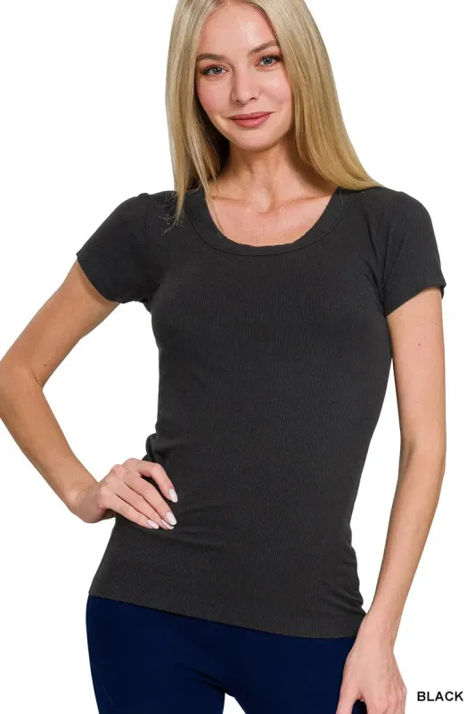 Zenana Ribbed Round Neck Short Sleeve T-Shirt sold by Charming Charlie