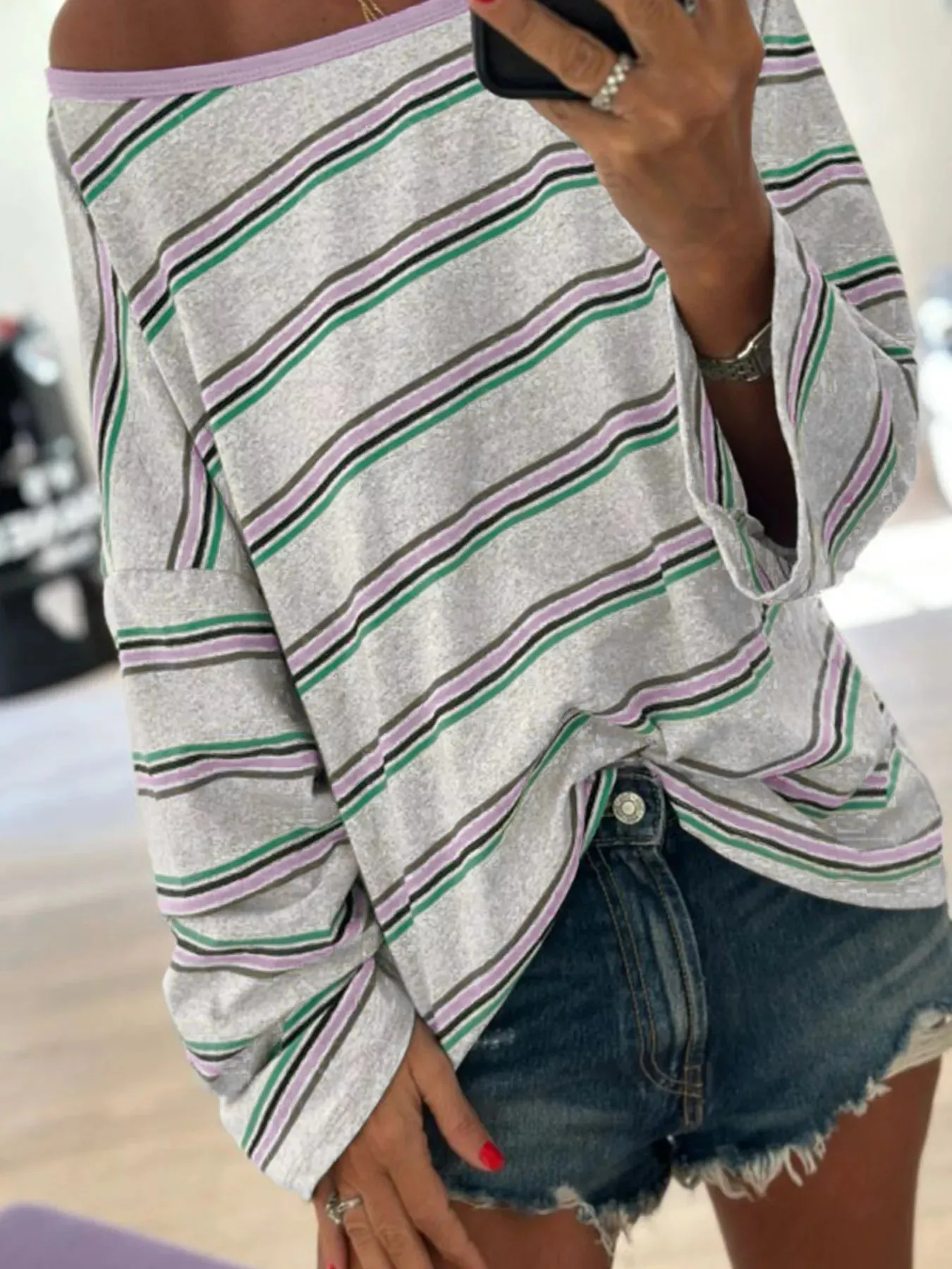 Stripe Oversize Drop Shoulder Long Sleeve Casual Top sold by Charming Charlie