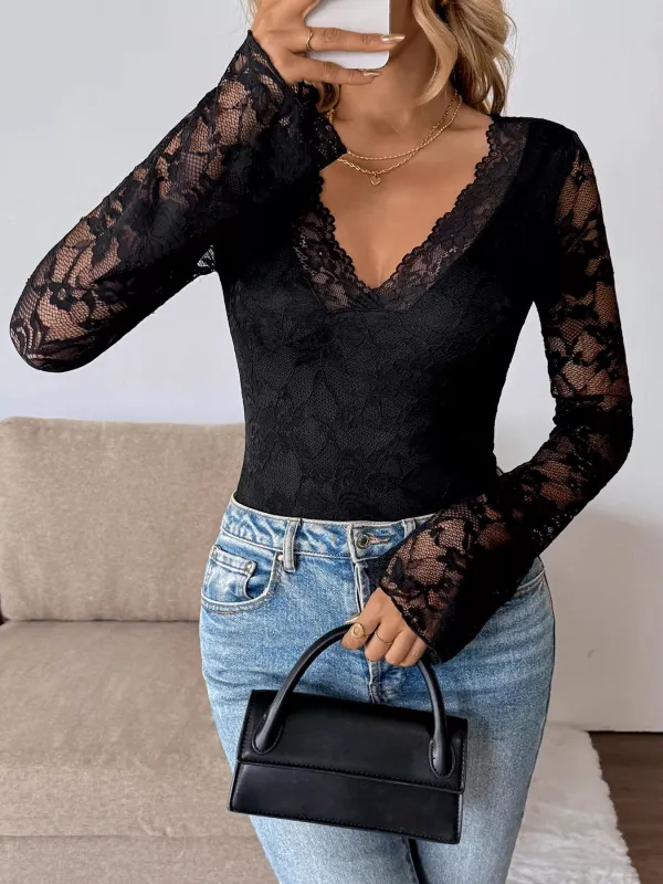 Lace V-Neck Long Sleeve T-Shirt sold by Charming Charlie