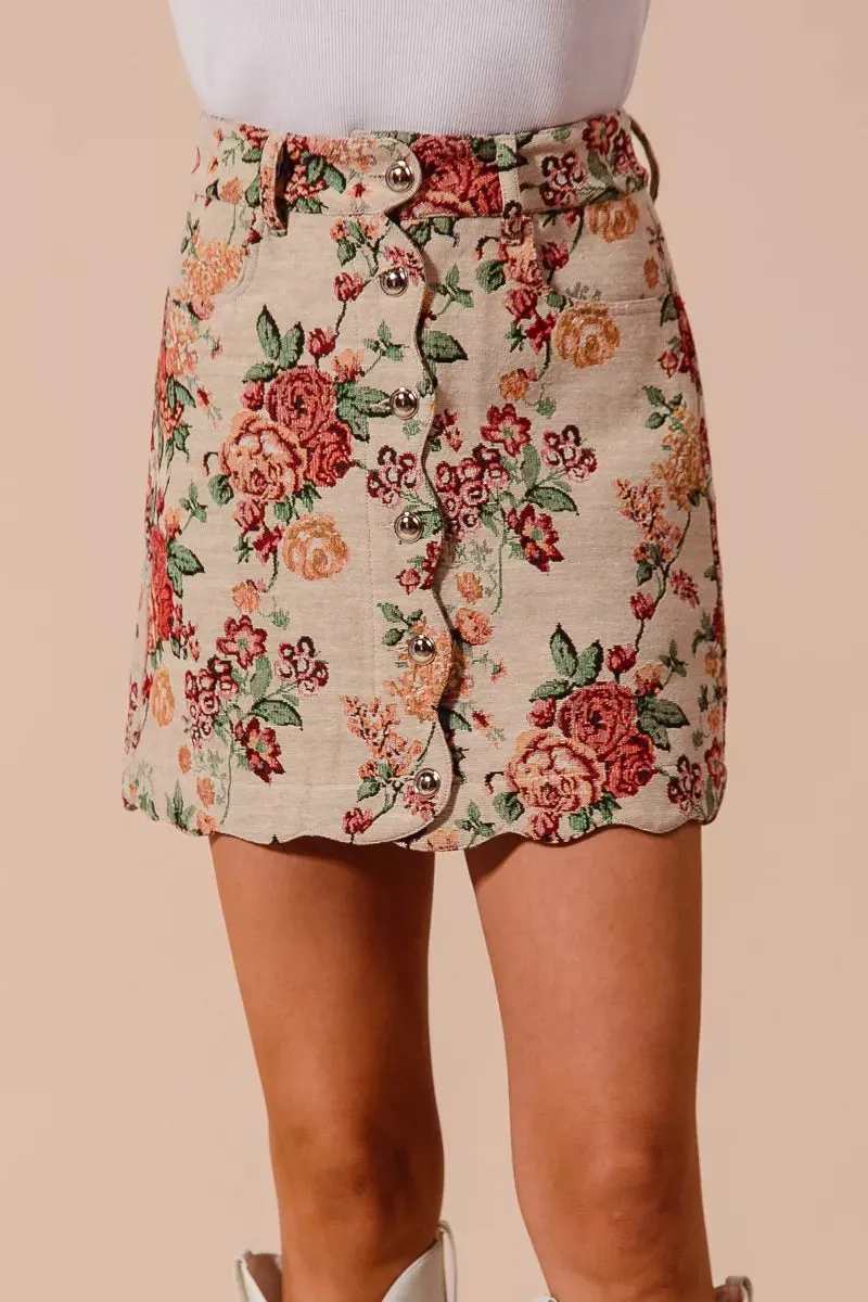 SO ME Floral Jacquard Button Front Mini Skirt with Scall sold by Charming Charlie
