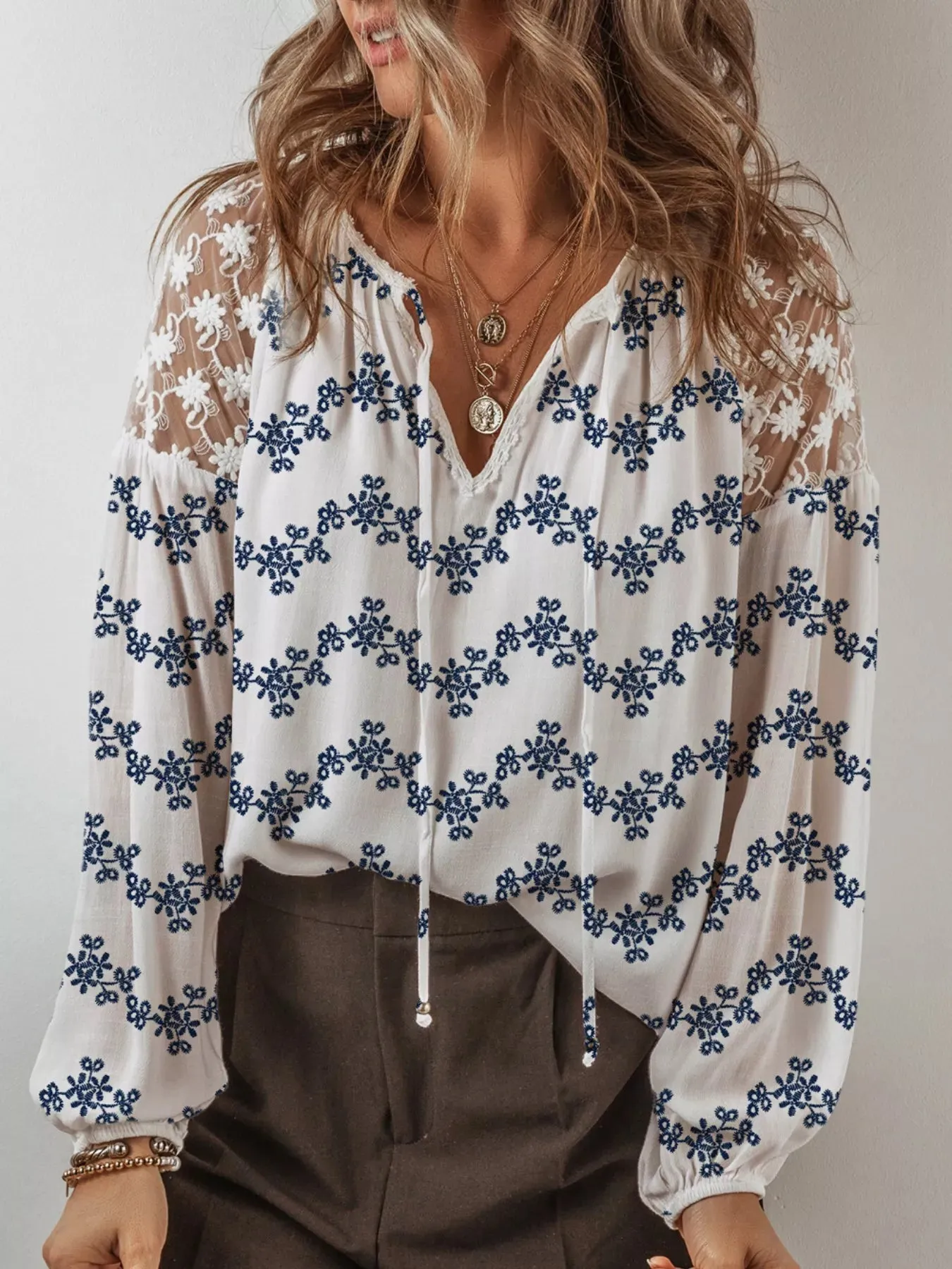 Printed Tie Neck Lace Long Sleeve Blouse sold by Charming Charlie product image thumbnail 4