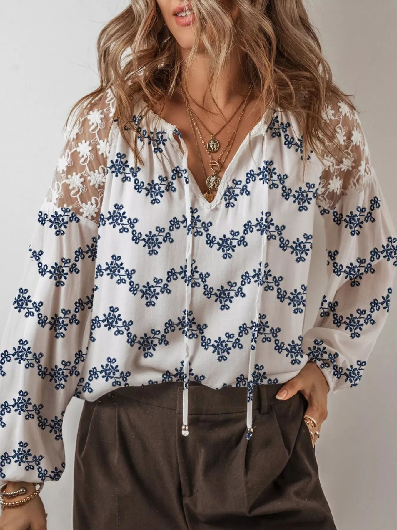 Printed Tie Neck Lace Long Sleeve Blouse sold by Charming Charlie product image thumbnail 2