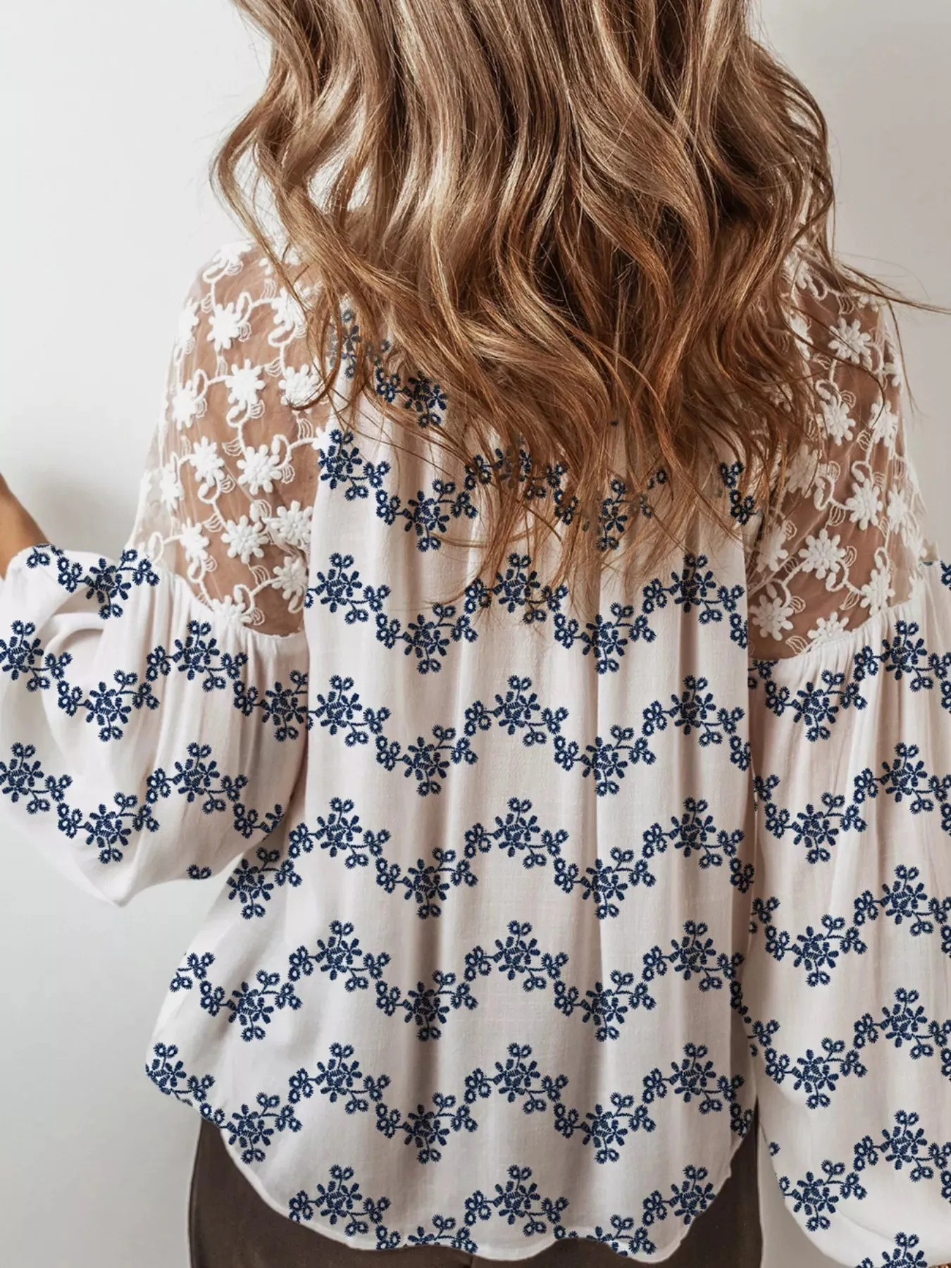 Printed Tie Neck Lace Long Sleeve Blouse sold by Charming Charlie product image thumbnail 3