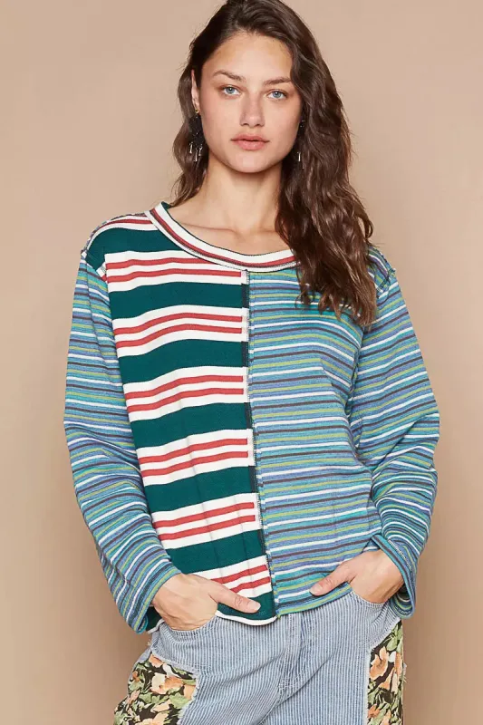 POL Color Block Striped Round Neck Long Sleeve T-Shirt sold by Charming Charlie