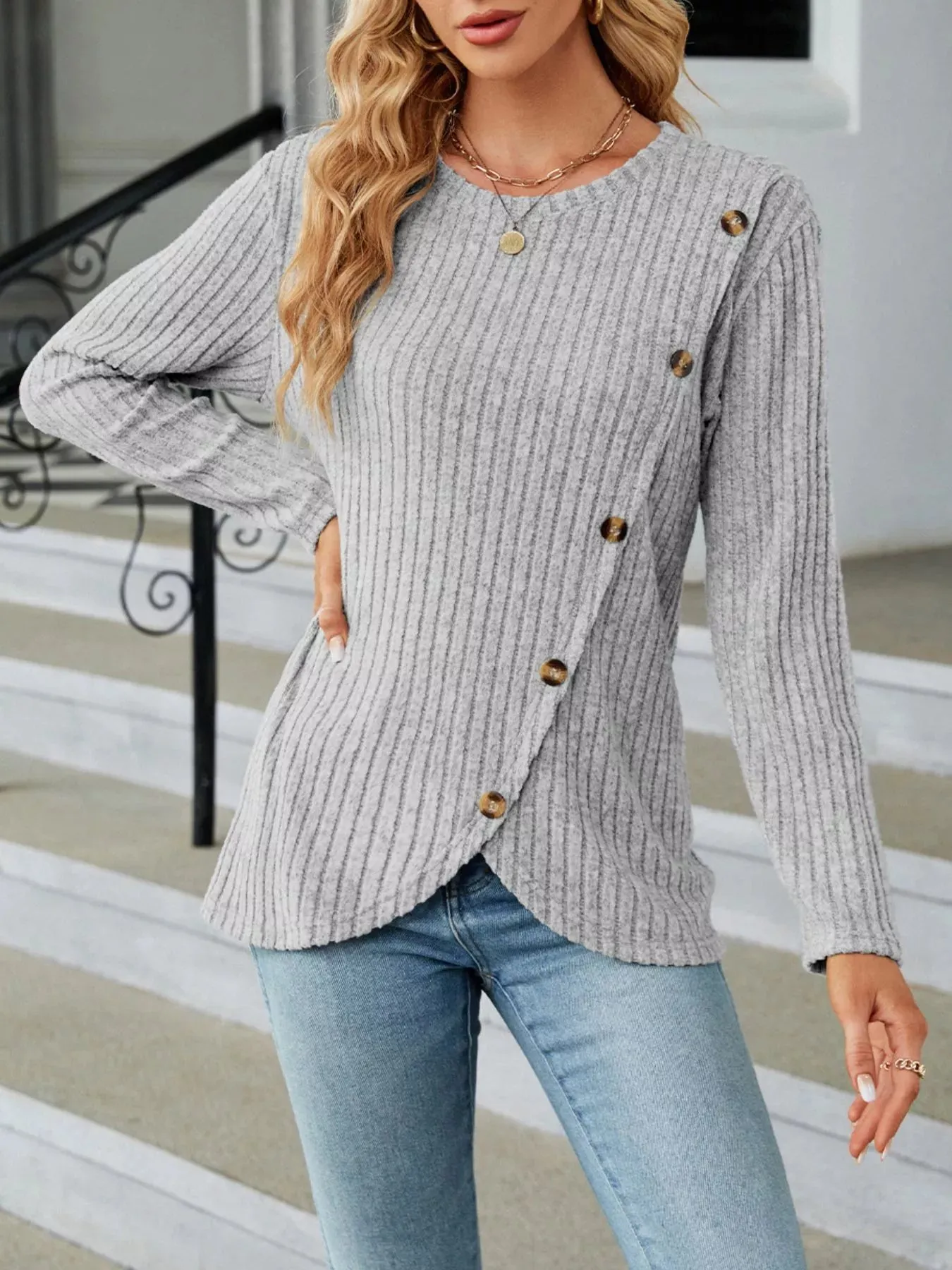 Ribbed Knit Decor Button T-Shirt sold by Charming Charlie product image thumbnail 5