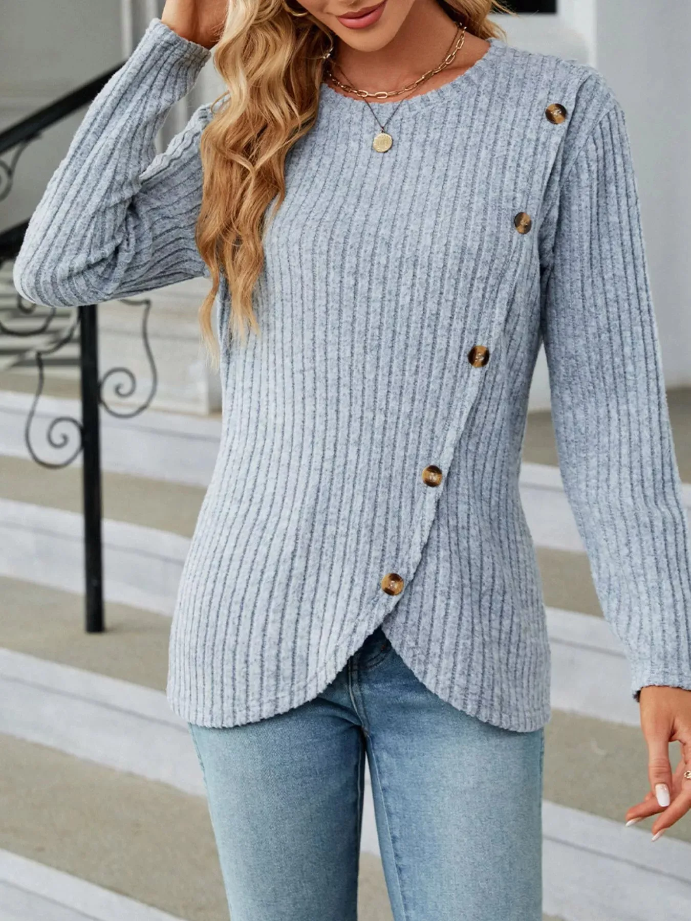 Ribbed Knit Decor Button T-Shirt sold by Charming Charlie product image thumbnail 2