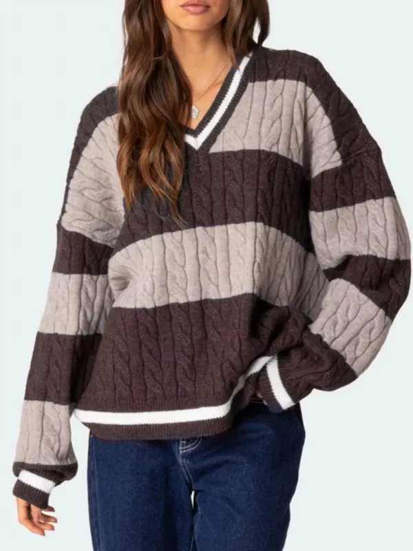 Striped Cable Knit V-Neck Sweater sold by Charming Charlie