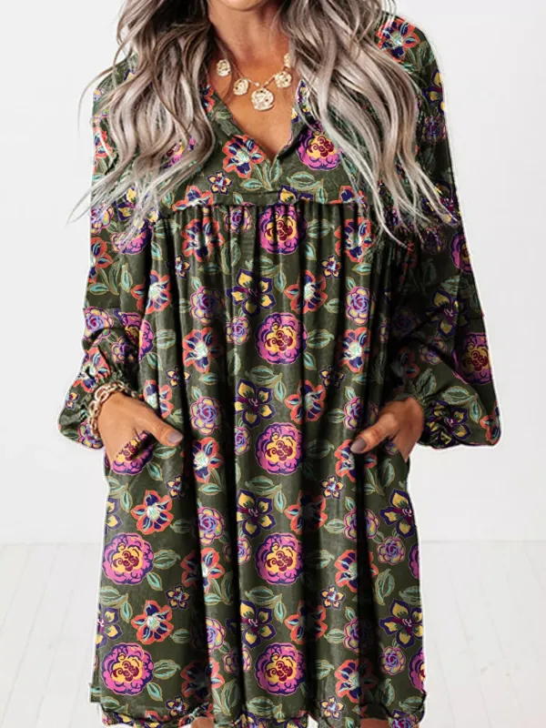 Floral Print Split Neck Bubble Sleeve Shift Mini Dress sold by Charming Charlie