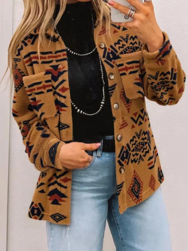 Western Aztec Pattern Fleece Button-Up Shacket sold by Charming Charlie