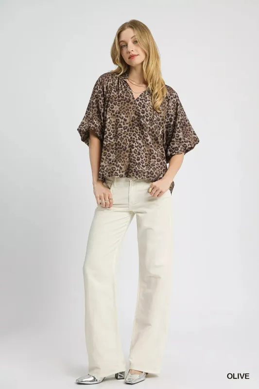 Umgee Leopard Bubble Sleeve Scalloped Hem Blouse sold by Charming Charlie