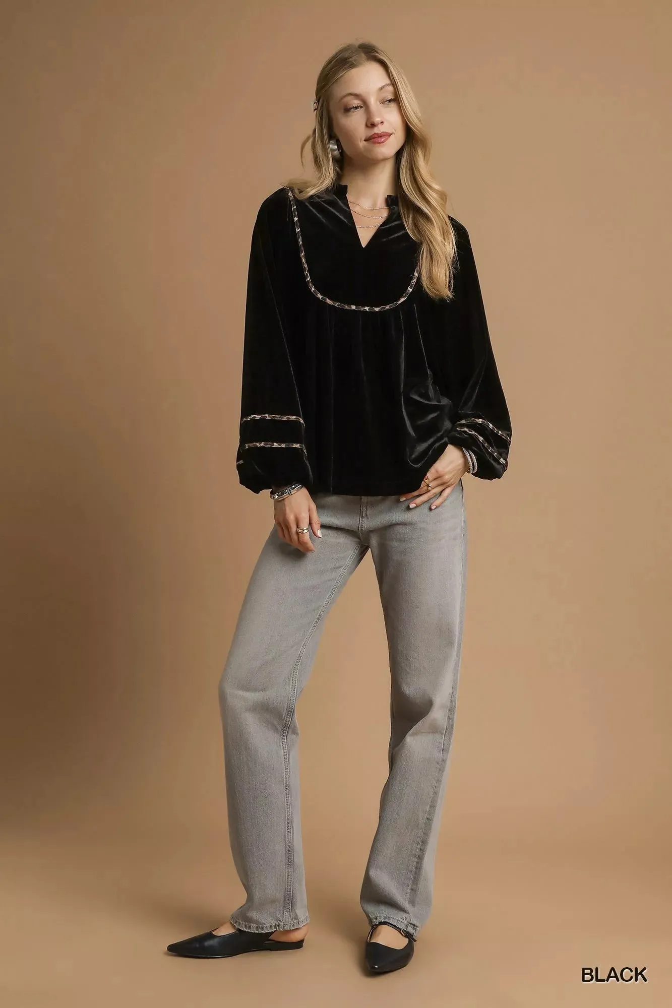 Umgee Velvet Long Sleeve Blouse with Contrast Trim sold by Charming Charlie product image thumbnail 4