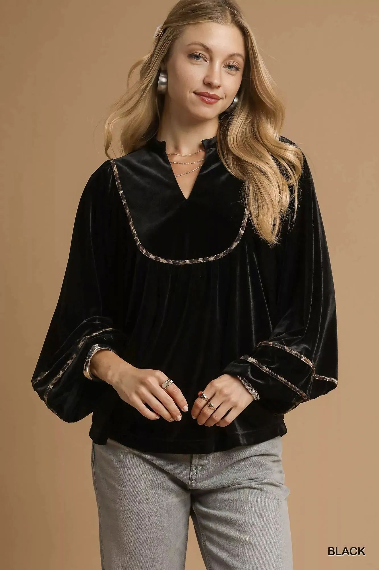 Umgee Velvet Long Sleeve Blouse with Contrast Trim sold by Charming Charlie