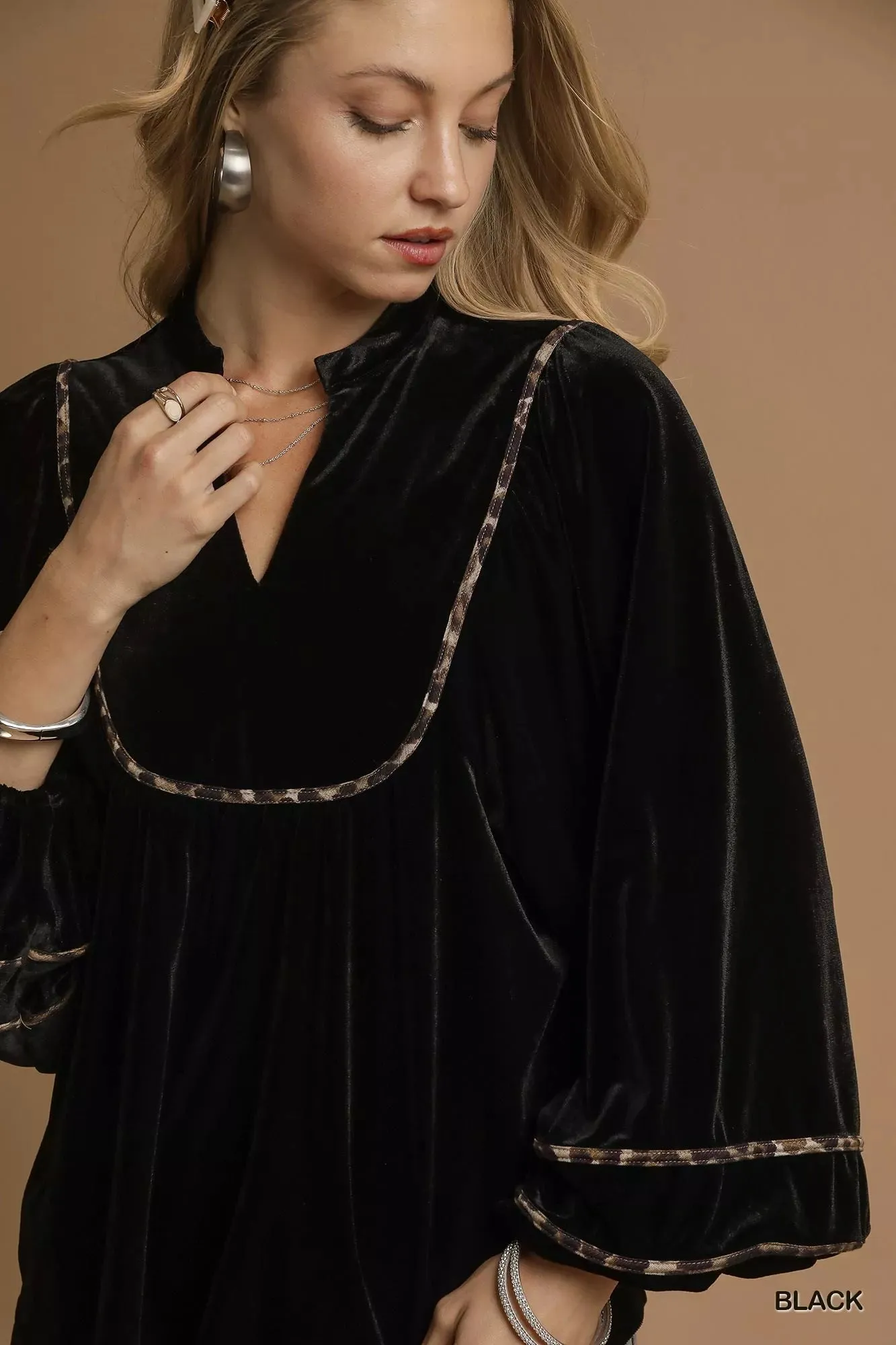 Umgee Velvet Long Sleeve Blouse with Contrast Trim sold by Charming Charlie product image thumbnail 5