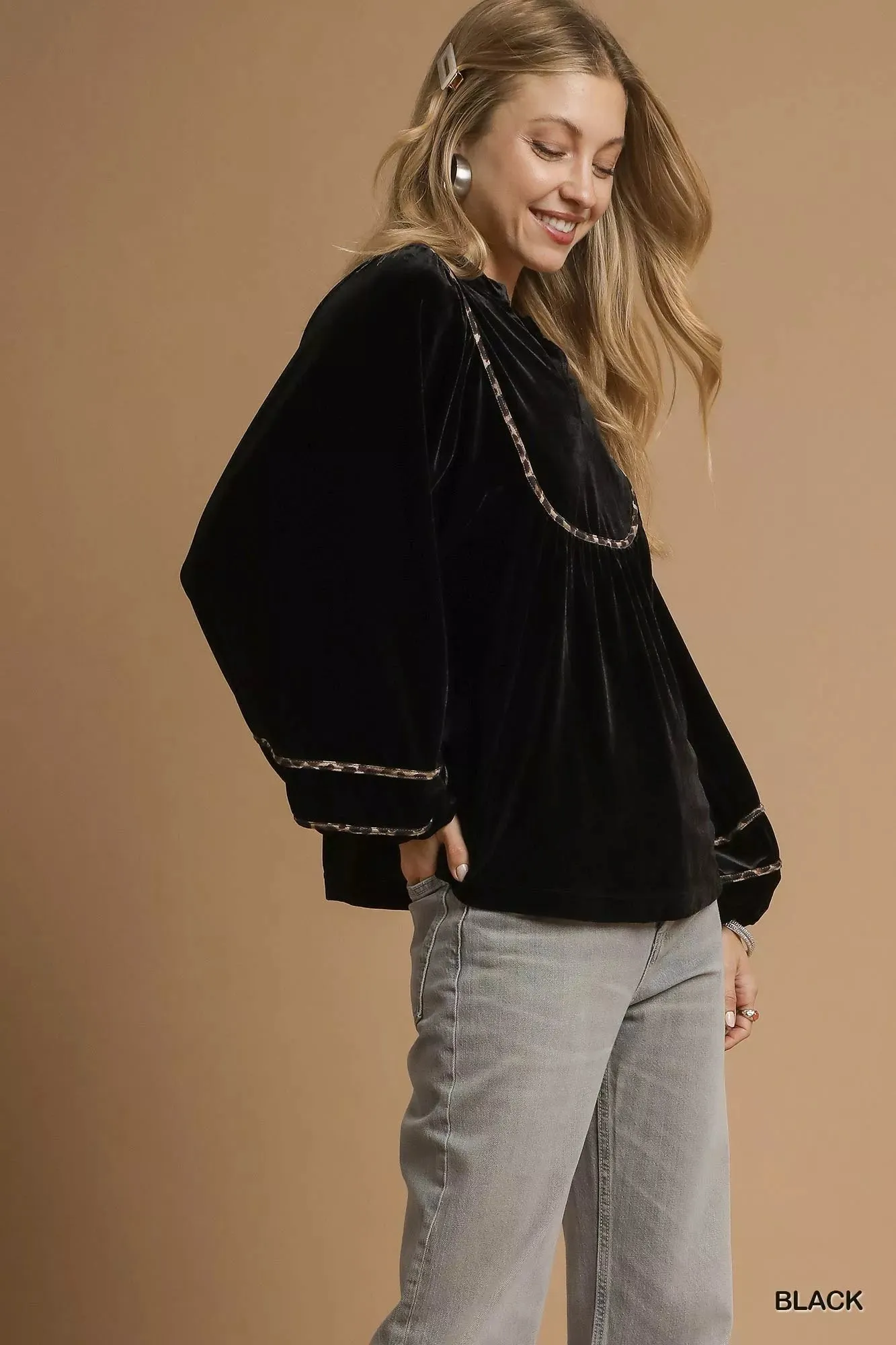 Umgee Velvet Long Sleeve Blouse with Contrast Trim sold by Charming Charlie product image thumbnail 3