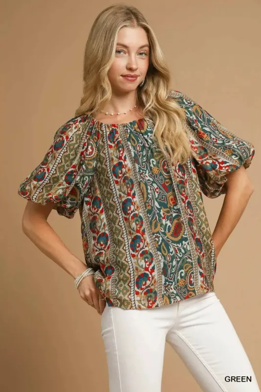 Umgee Boho Floral Stripe Puff Sleeve Blouse sold by Charming Charlie