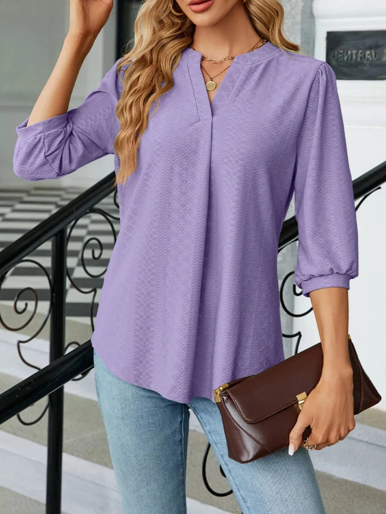 Notched 3/4 Sleeve Casual Top sold by Charming Charlie product image thumbnail 3