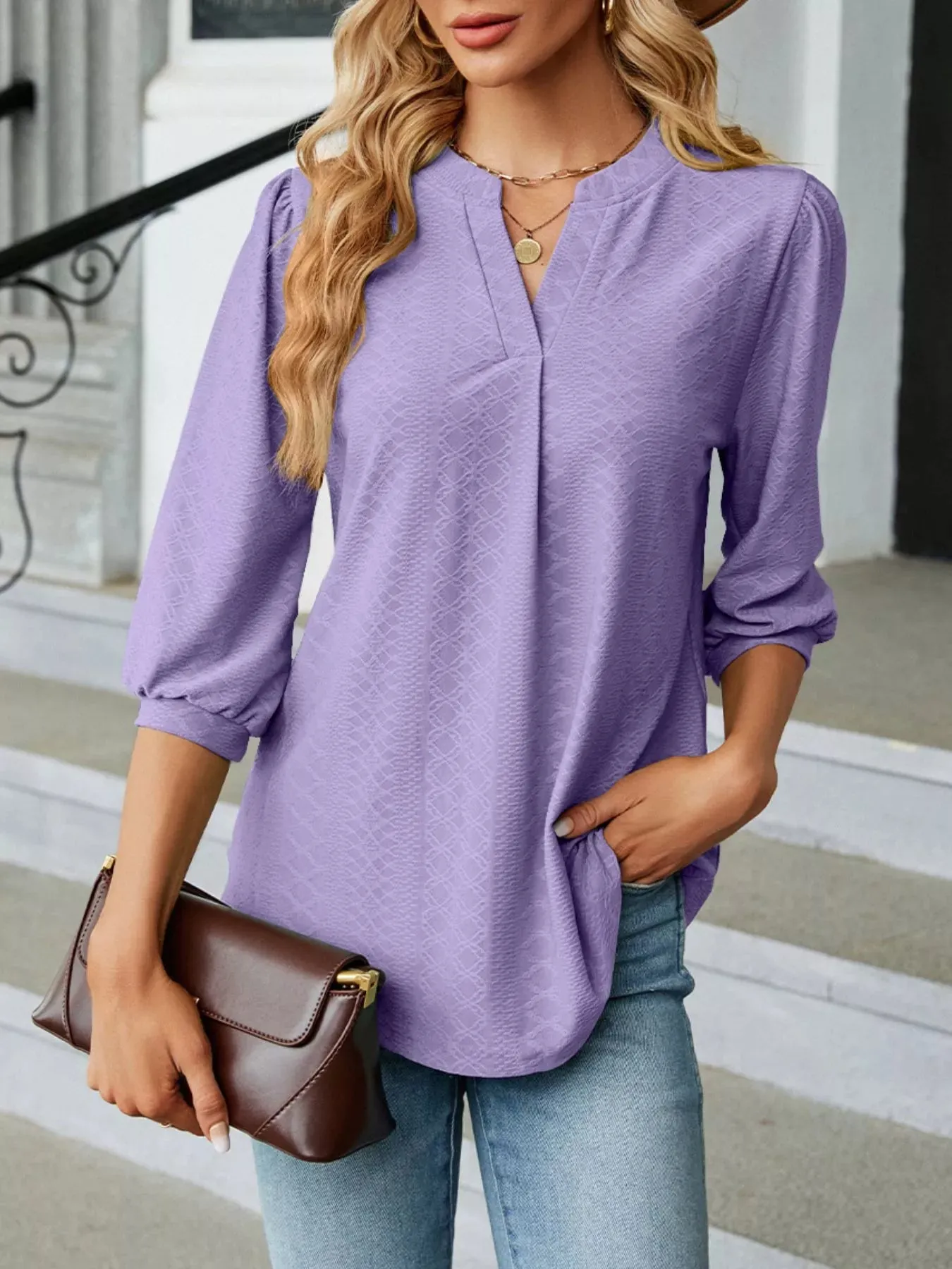 Notched 3/4 Sleeve Casual Top sold by Charming Charlie