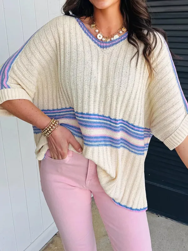 Striped V Neck Dolman Sleeve Rib Knit Oversized Sweater with Slits sold by Charming Charlie
