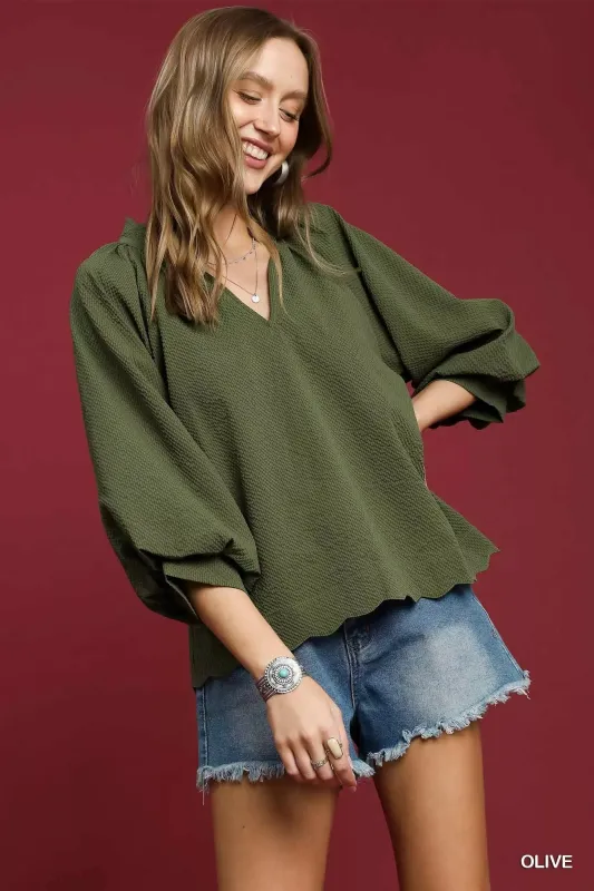 Umgee Full Size Textured Notched Balloon Sleeve Blouse Plus Size sold by Charming Charlie