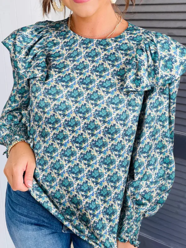 Abstract Print Shirred Cuff Ruffled Puff Sleeve Blouse sold by Charming Charlie