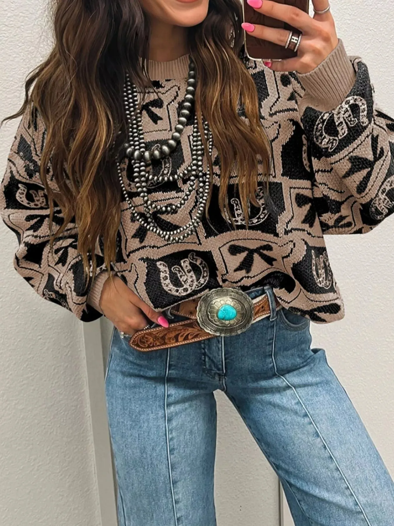 Bows & Horseshoes Pattern Round Neck Sweater sold by Charming Charlie