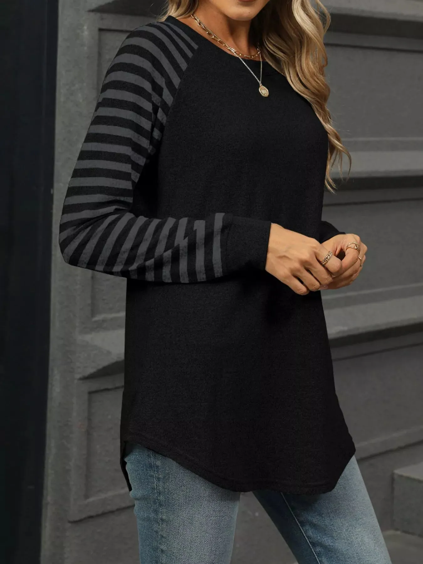 Striped Round Neck Raglan Sleeve T-Shirt sold by Charming Charlie product image thumbnail 2