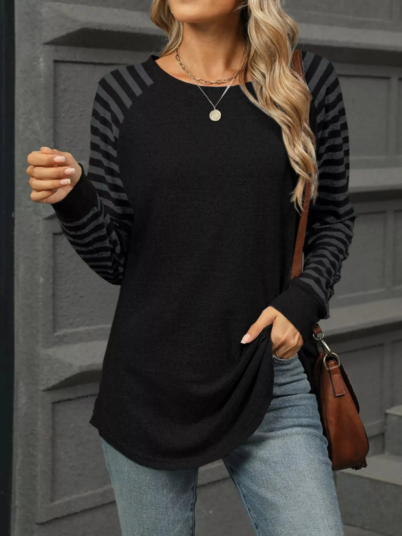 Striped Round Neck Raglan Sleeve T-Shirt sold by Charming Charlie