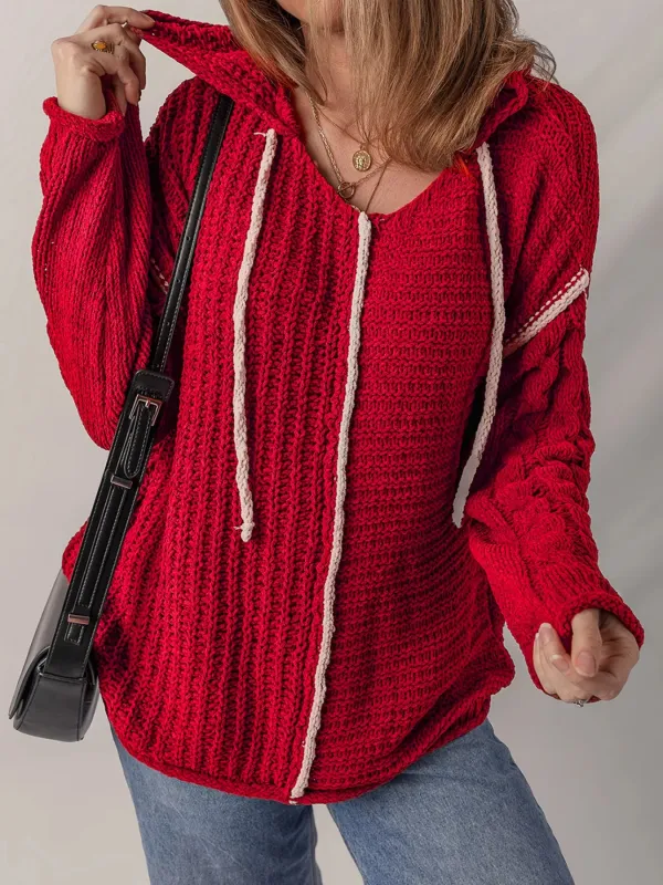 Contrast Trim Textured Knit Drawstring Hooded Sweater sold by Charming Charlie
