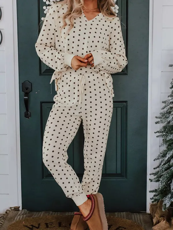 Polka Dot Notched Long Sleeve Top and Drawstring Joggers Lounge Set sold by Charming Charlie