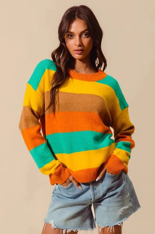 SO ME Multi Color Stripe Sweater with Ribbed Detail sold by Charming Charlie