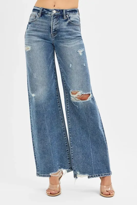 RISEN Tummy Control Mid Rise Fit Wide Jeans sold by Charming Charlie