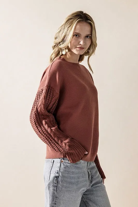 Cozy Solid Body Contrast Cable Knit Sweater sold by Charming Charlie